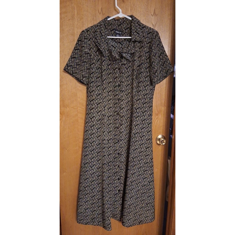 Vintage Leslie Fay Dress Women's Size 16P Black Taupe Short Sleeve Cottage Core